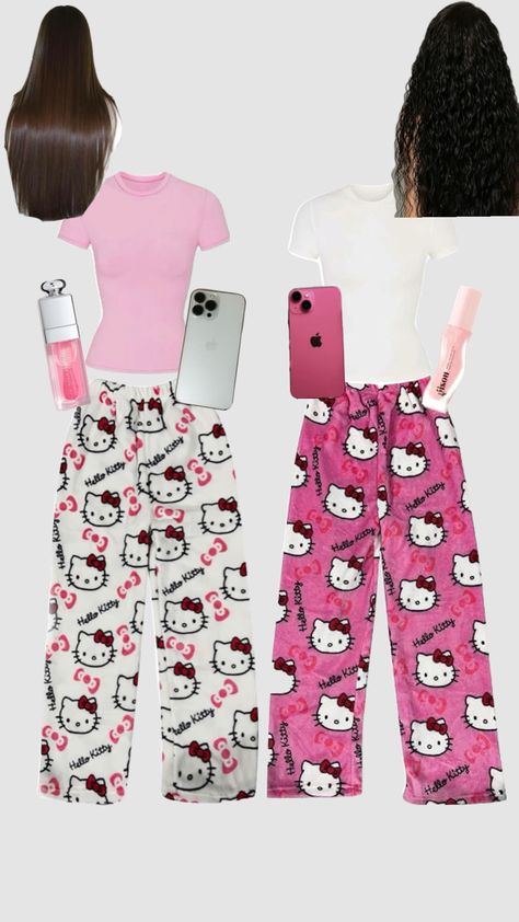 Duo Outfit Ideas, Hello Kitty Pajama Pants, Hello Kitty Pattern, Hello Kitty Pajamas, Bff Matching Outfits, Pyjamas Party, Couple Home, Kitty Pattern, Y2k Hello Kitty