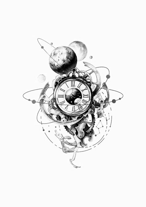 Planet Tattoo, Tattoo Samples, Affiches D'art Déco, Watch Tattoo, Planet Tattoos, Clock Tattoo Design, Car Drawing, Geometric Tattoo Design, Watch Tattoos