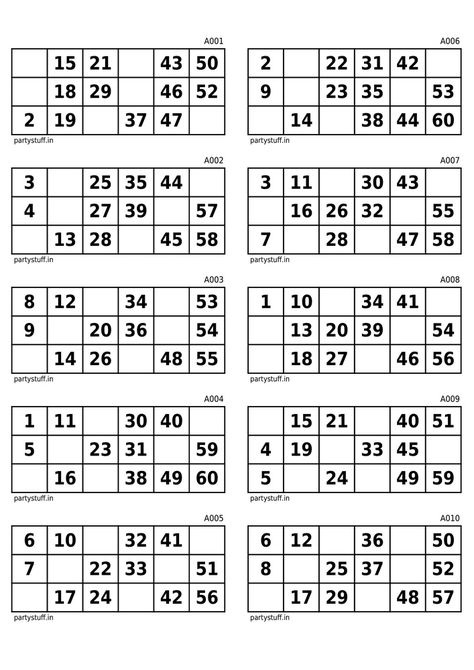 Free | Kitty Party Games, Theme Tambola Tickets, PartyStuff Tambola Game Ticket Printable, Bingo Tickets Printable, Tambola Tickets Printables, 60 Number, Tambola Tickets, Bingo Tickets, Kitty Party Themes, Tambola Game, Free Printable Bingo Cards