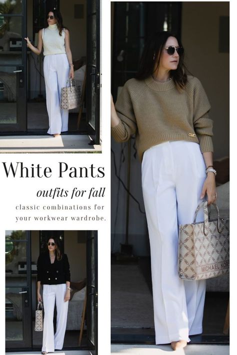 White Pant Workwear Outfits for Fall White Trousers Outfit, Fall Office Outfits, Wide Leg Outfit, Workwear Outfits, Workwear Capsule, White Pants Outfit, Trousers Outfit, Fall Workwear, White Pant