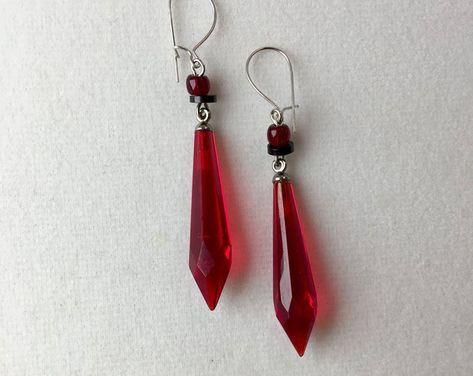 Vintage Art Deco Czech Glass Earrings, Red Prism Drop Earrings,  Ruby Earrings by Lucy Isaacs Glass Earrings, Red Earrings Red Drop Earrings, Red Dangle Earrings, Red Accessories Aesthetic, Ares Altar, Aretes Aesthetic, Red Glasses, Red Accessories, Red Jewelry, Funky Jewelry