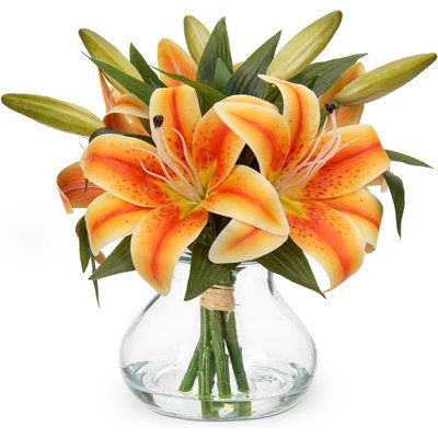 Mercer41 Artificial Flowers Tiger Lily Real Touch Faux Flowers | C111496959 | Wayfair Canada Faux Flowers Arrangements, Artificial Flowers In Vase, Lily Vases, Centerpiece Home, Bouquet Home Decor, Table Centerpiece Decorations, Flowers In Vase, Lily Bouquet, Shelf Table