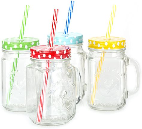 AmazonSmile: Mason Jar Mugs with Handle, multi COLORED Lids and Plastic Straws. 16 Oz. Each. Old Fashion Drinking Glasses - pack of 4 by Premium Vials: Kitchen  Dining Smoothie Glass, Mason Jars With Handles, Mason Jar Glasses, Mason Jar With Straw, Plastic Mason Jars, Mason Jar Mugs, Clear Glass Tumbler, Mason Jar Cups, Drinking Jars