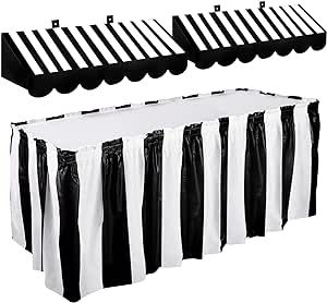 Party Decorations Black And White, Boardwalk Theme, Party Decorations Black, Circus Party Decorations, Stripe Table, Table Skirts, Circus Decorations, Carnival Decorations, Carnival Circus