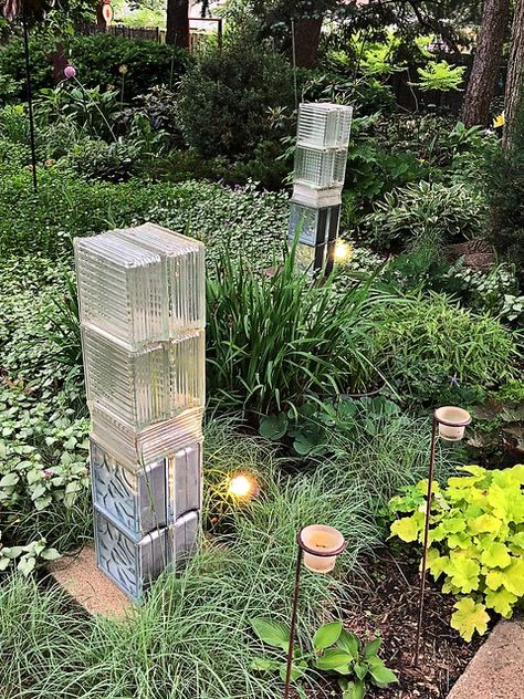 Glass block tower garden sculptures that light up at night… | Flickr Glass Blocks Wall, Brick Crafts, Fish Pond Gardens, Glass Block Crafts, Garden Room Ideas, Garden Totems, Brick Garden, Garden Sculptures, Tower Garden