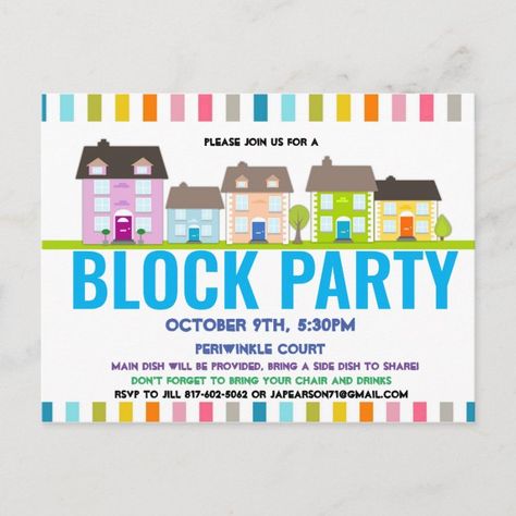 Neighborhood Party Invitations, Block Party Invitations, Neighborhood Block Party, Family Reunion Invitations, Neighborhood Party, Art Invitations, Open House Invitation, Reunion Invitations, Postcard Wedding Invitation