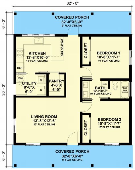 This Modern Farmhouse-style Cottage house plan gives you 960 square feet of heating living space with 2 beds with a shared full baths in a jack-and-jill configuration.  With it's compact footprint and efficient layout in under 1,000 square feet, this 2-bedroom 1 full-bath could be built as an ADU on your existing property. Past the 6'-deep, full-width front porch, a generous living room welcomes you inside. A door off the living room leads to the front bedroom, and a short hallway leads to the rear bedroom, as well as the kitchen. The kitchen is an efficient u-shaped design, with a quintessential triple window above the centrally located sink looking out the rear of your home.  A peninsula island features a raised eating bar with space to seat 2-3, offering multi-functional count Small 2 Bedroom Apartment Layout, 2 Bed 1 Bath Floor Plan Small, 2 Bedroom Guest House Plans, 2 Bedroom Guest House, Closed Floor Plan, Peninsula Island, Short Hallway, Triple Window, 1000 Sq Ft House