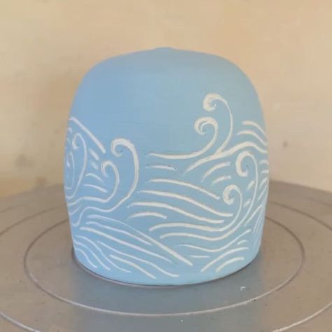 Zen Shway Studio (Stacie Hibino) on Instagram: "Making some waves with #sgraffito on this #ceramicbell #pottery #clay #makersofinstagram #handmade #artisan #handmadepots #ceramics #buylocal #wheelthrownpottery #wip" Sgraffito Designs Pottery, Ceramic Bowl Carving Ideas, Sgraffito Designs Flowers, Simple Sgraffito Designs, Pottery Carving Ideas Patterns, Scrafitto Pottery, Ceramic Surface Design, Scrafito Pottery, Sgraffito Bowls