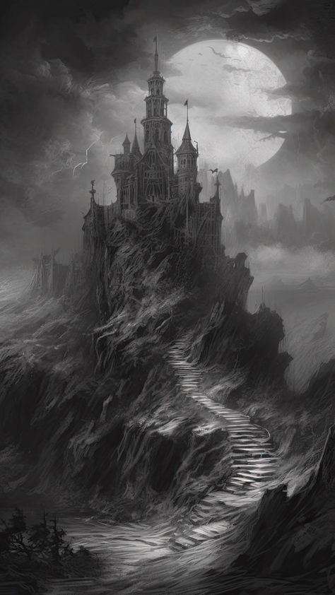 Charcoal Fantasy Art, Spooky Nature Aesthetic, Dark Fantasy Castle Art, Medieval Castle Tattoo Design, Midevil Tattoos Sleeve, Gothic Castle Drawing, Dark Castle Art, Gothic Castle Art, Viking Castle