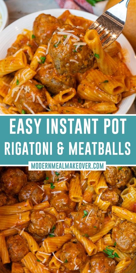 Pasta and meatballs in a white bowl. Rigatoni And Meatballs, Easy Instant Pot Pasta, Wellington Bites, Meatball Pasta Recipes, Pasta And Meatballs, Instant Pot Pasta, Instant Pot Pasta Recipe, Easy Ground Beef, Best Instant Pot Recipe