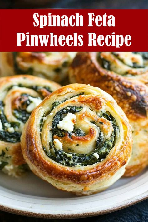 Spinach Feta Pinwheels, classic Greek spanakopita using puff pastry! These make the perfect party food or super simple lunchbox fillers. Spanokita Recipe Greek, Spinach Feta Puff Pastry, Spinach Feta Pinwheels, Lunchbox Fillers, Tater Tot Skewers, Feta Pinwheels, Loaded Tater Tot, Greek Spanakopita, Using Puff Pastry