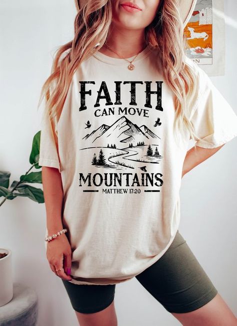 Vacation t-shirt design Christian Gift Shop, T Shirt Print Design, Mountains Shirt, Vacation Tshirts, T-shirt Print Design, Faith Can Move Mountains, Mountain Outfit, Matthew 17 20, Bible Verse Shirt