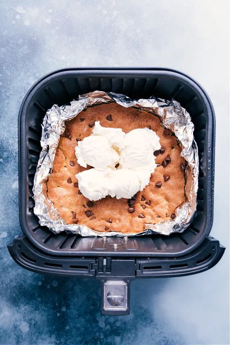 Air Fryer Pizookie (With A Tin Foil "Pan") | Chelsea's Messy Apron Air Fryer Pizookie, Airfryer Pizookie, Cookie In Air Fryer, Cookie Air Fryer, Air Fryer Cookies, Pizookie Recipe, Deep Dish Cookie, Ham And Cheese Quiche, Chelsea's Messy Apron