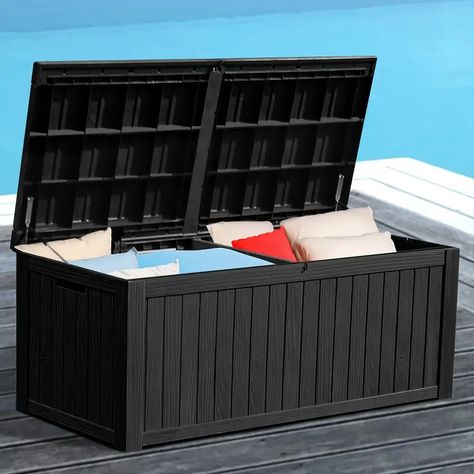 Homiflex 150 Gallon Large Outdoor Deck Storage Box For Yard Tools Lockable Lid, Black | High-quality & Affordable | Temu Stylish Storage Boxes, Waterproof Outdoor Storage, Outdoor Storage Solutions, Yard Tools, Garden Courtyard, Deck Boxes, Deck Box Storage, Patio Bench, Clutter Organization