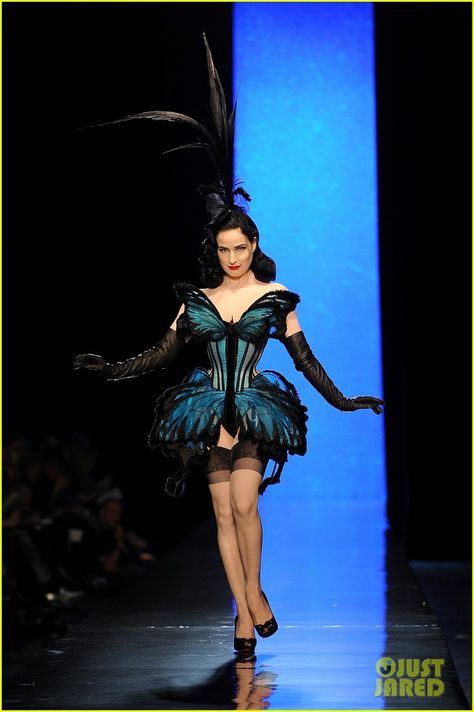 Dita Von Teese struts her stuff down the runway at the Jean Paul Gaultier show during Paris Fashion Week Haute Couture Spring/Summer 2014 in Paris, France. #Fashion #Style #Beauty #Hollywood Dita Von Teese Dress, Jean Paul Gaultier Runway, Gaultier Runway, John Paul Gaultier, Couture 2014, Burlesque Dancer, Dress And Shoes, Paris Haute Couture, Spring Couture