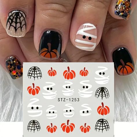 3d Halloween Nail Art Stickers Self Adhesive Nail Art Decals - Temu Pumpkin Nail Art, Diy Nails Stickers, Nail Art Halloween, Spiders Web, Evil Pumpkin, Nail Water Decals, Pumpkin Nails, Festival Diy, Art Water