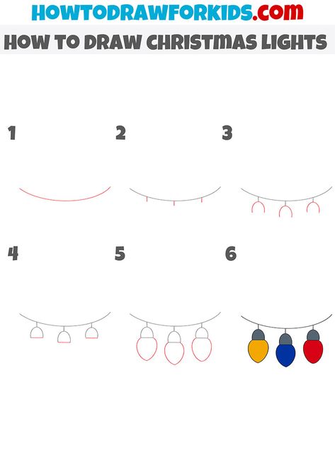 How to draw Christmas Lights step by step How To Draw Christmas Lights, Draw Christmas Lights, Christmas Lights Drawing, Drawing Hacks, Draw Christmas, Drawing Christmas, Draw Cartoon, Easy Lessons, Easy Drawing Tutorial