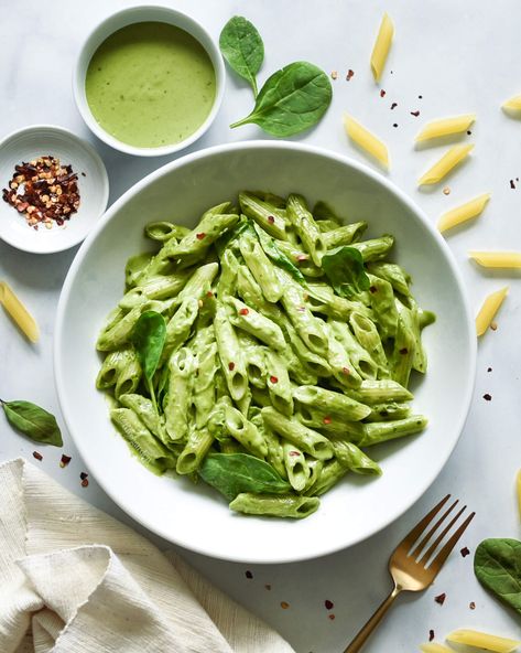 Creamy Spinach Pesto Penne — Rio's Garden Penne Pesto, Shio Koji, Pine Nut Pesto, Pesto Spinach, Spinach Pesto, Creamy Pesto, Rice Porridge, Creamy Spinach, Pesto Recipe