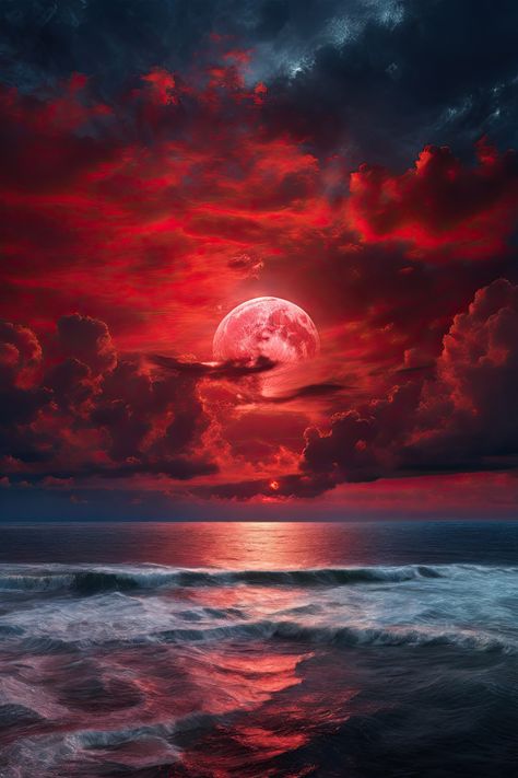 Moonlit Sea Red Sky At Night Sailors Delight, Red Sky Painting, Red Night Sky, Mermay 2024, Fire Kingdom, Moon Over Water, Red Skies, Aries Moon, Parting The Red Sea