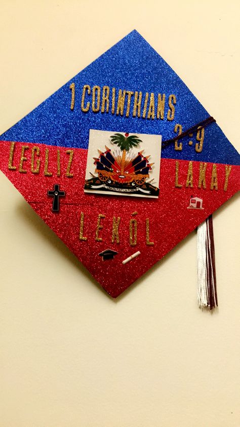 Haitian Flag Graduation Cap DIY  I can’t believe I did this cap by myself I was so nervous because I thought it would turn out bad 😭 Haitian Flag Clothing, Haitian Quote, Graduation Cap Diy, Flag Graduation Cap, Diy Graduation Decorations, Haiti History, Diy Flag, Graduation Cap Decoration Diy, High School Graduation Cap