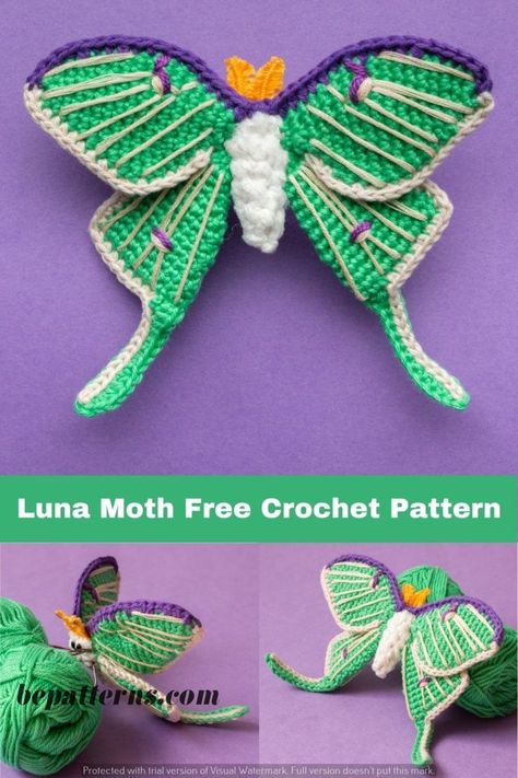 Discover Crochet: Free Butterfly Pattern for Beginners Luna Moth Crochet, Autumnal Crochet, Moth Crochet Pattern, Moss Blanket, Crochet Wings, Moth Crochet, Football Crochet, Crochet Butterfly Pattern, Butterfly Tutorial