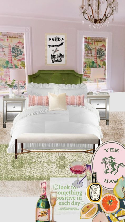 Grand Millennial Bedroom Pink, Preppy Green Bedroom, Green And Pink Dorm Room, Sorority Bedroom, White House Bedroom, Palm Beach Bedroom, Apartment Bed, Pink Dorm Rooms, Green Headboard