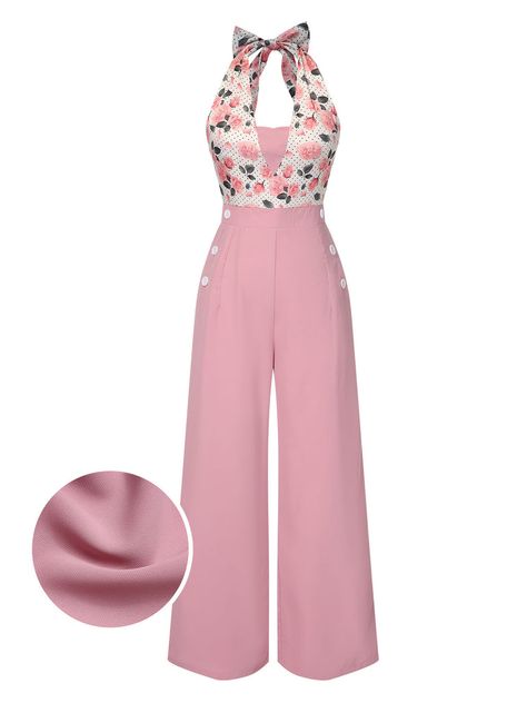 Satin Jumpsuit Outfit, New Look Clothes, Retro Stage, Jumpsuit Pink, Pink Clothes, Retro Glamour, 1940s Style, Office Chic, Halter Jumpsuit