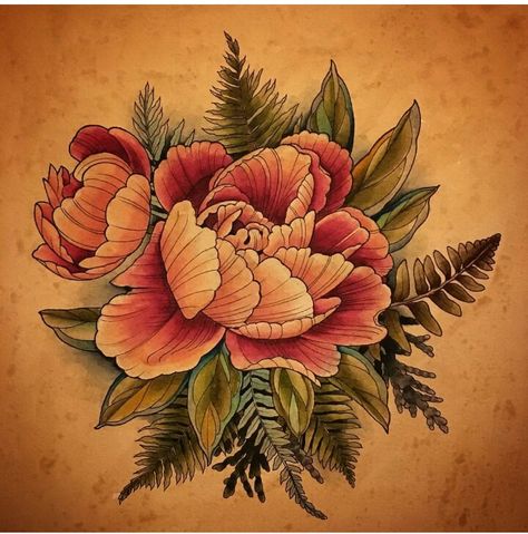 Peony/Fern tattoo Fern Peony Tattoo, Peony And Fern Tattoo, Peony Illustration, Fern Tattoo, Peony Tattoo, Peonies Tattoo, Tattoo Cover, Tattoo Inspo, Get A Tattoo