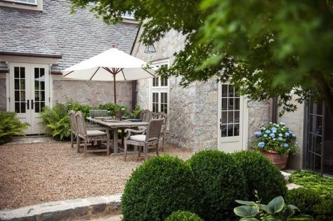 I like these more contemporary, clean-lined French doors leading out into a gravel patio with stone. French Country Patio, Pea Gravel Garden, Country Patio, Pea Gravel Patio, Patio Pictures, Gravel Patio, Patio Projects, Patio Inspiration, Pea Gravel