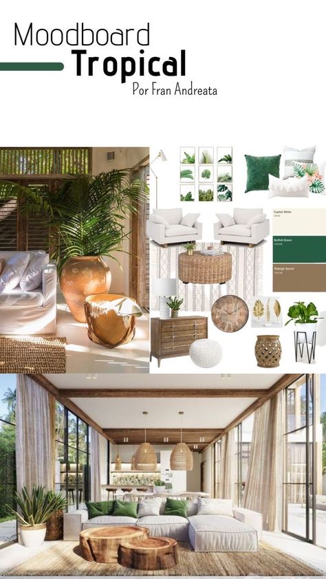 Tropical Bed And Breakfast, Tropical Theme Room Decor, Tropical Theme Living Room, Tropical Minimalist Interior, Tropical Interior Design Living Rooms, Modern Tropical Kitchen, Tropical Moodboard, Modern Tropical Living Room, Modern Tropical Interior Design