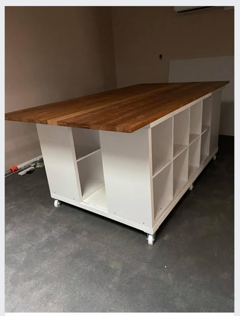 Shipping Table Ideas, Large Sewing Table, Craft Table Island, Craft Room Tables Work Stations, Kallax Storage Ideas, Craft Room Island, Workshop Space Design, Sewing Table Ideas, Office Craft Room Combo