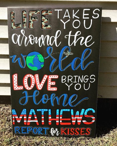 Military Homecoming Sign / Chalkboard /. Deployment / Air Force Marines / Navy / Army / to order please email Charlestonchalkchick@gmail.com or visit and message www.facebook.com/charlestonchalkchick Welcome Home Signs For Military, Deployment Homecoming Signs, Military Diy, Military Homecoming Signs, Deployment Countdown, Deployment Party, Military Welcome Home, Welcome Home Soldier, Homecoming Signs