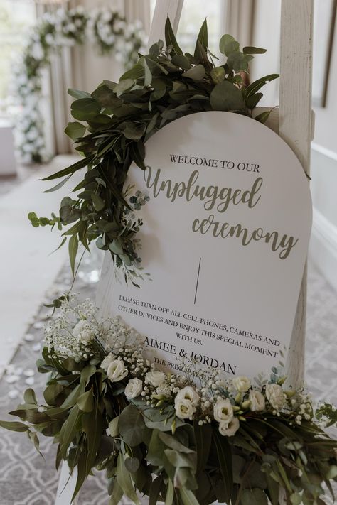 Unplugged ceremony 📱🚫  The perfect entrance sign for your special day 🤍  #WeddingSupplier #WeddingIdeas #WeddingInspiration Unplugged Ceremony Sign Mirror, Wooden Unplugged Ceremony Sign, Unplugged Ceremony Sign Gold Mirror, Moss Wedding Welcome Sign, Unplugged Ceremony Chalkboard Sign, Greenery Wedding Ceremony, Wedding Entrance Sign, Unplugged Ceremony, Bespoke Wedding Stationery