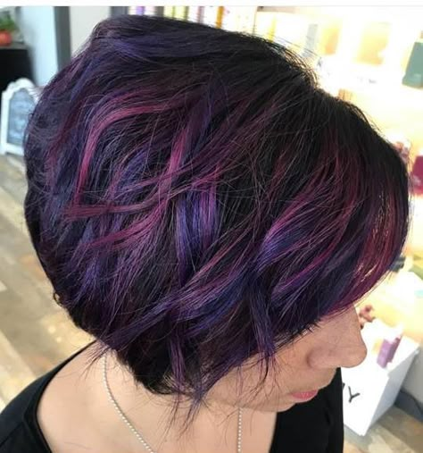 Purple Highlights Brown Hair Short Pixie, Purple Pixie Haircut, Fall Hair Colors For Short Hair Pixie, Pixie Cut Color Ideas, Fall Pixie Hair Color, Purple Undercut, Violet Black Hair, Astronomy Wedding, Purple Pixie Cut