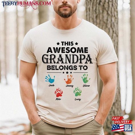 This Awesome Grandpa Belongs To Custom Shirt Kids Handprint Tee Handprints Gift For Dad Sweatshirt T-Shirt Check more at https://teebyhumans.com/product/this-awesome-grandpa-belongs-to-custom-shirt-kids-handprint-tee-handprints-gift-for-dad-sweatshirt-t-shirt/ Handprint Shirt, Custom Shirt, T Shirt Diy, Hand Print, Gift For Dad, Gifts For Dad, Custom Shirts, Gift Ideas, Sweatshirts