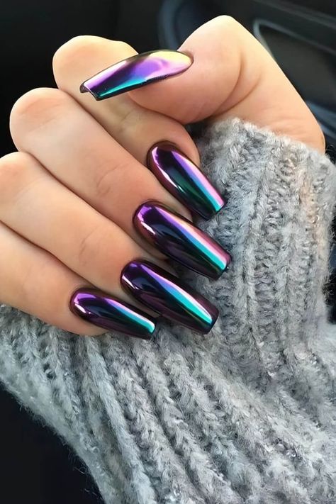 27 Breathtaking Chrome Nails For Your Special Night Jasmine Nails, Purple Chrome Nails, Chrome Nails Designs, Galaxy Nails, Her Nails, Metallic Nails, Nagel Inspo, Cat Kuku, Nailed It