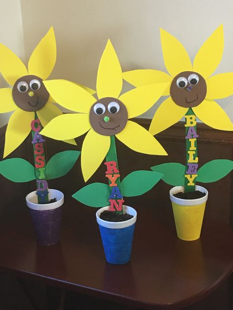 Fun sunflower craft planting sunflower seeds. Paint foam cup. Plant sunflower seeds. Create sunflowers with craft foam, poms, google eyes, draw mouth with permanent marker. Paint two popsicle sticks green. Glue together to make a tall flower. Add foam letters for name. Use making tape to add support while sticks are drying. Glue flower to popsicle sticks. Great project! Planting Sunflower Seeds, Draw Mouth, 2nd Grade Crafts, Sunflower Craft, Seed Craft, Eyes Draw, Cup Plant, Planting For Kids, Sunflower Crafts