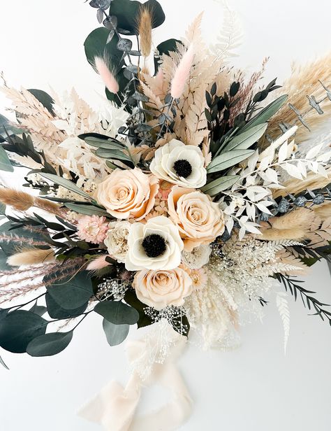 Anemone And Pampas Bouquet, Cascading Fern Bouquet, Small Bridesmaid Bouquets, Everlasting Bouquet, White Anemone, Beach Wedding Flowers, Preserved Roses, Dried Floral, Dried Flower Arrangements