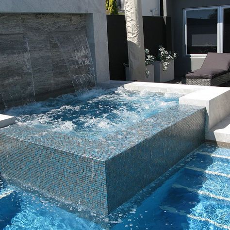 Swimming Pool With Tanning Ledge, Free Form Pool With Tanning Ledge, Rectangle Gunite Pool With Tanning Ledge, Gunite Pool With Tanning Ledge, Pool Tile Designs, Tanning Ledge Pool, Tanning Ledges, Swimming Pool Tiles, Luxury Swimming Pools