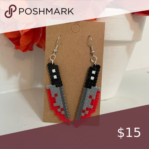 Perler Bead Knife Earrings Perler Bead Knife Earrings, Perler Beads Knife, Knife Perler Beads, Hama Bead Earrings, Knife Pixel Art, Peeler Bead Ideas, Bead Art Ideas, Knife Earrings, Easy Perler Beads