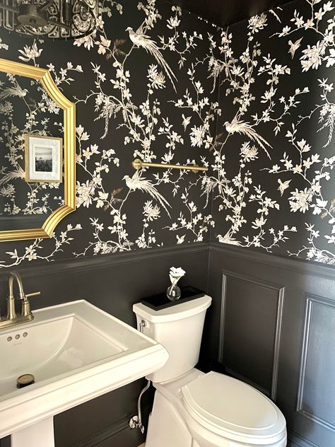 Black Chinoiserie Wallpaper, Black And White Chinoiserie, Bathrooms 2024, Black Chinoiserie, Lights Kitchen, Big Personality, Chinoiserie Wall, Chinoiserie Wallpaper, Bathroom Color