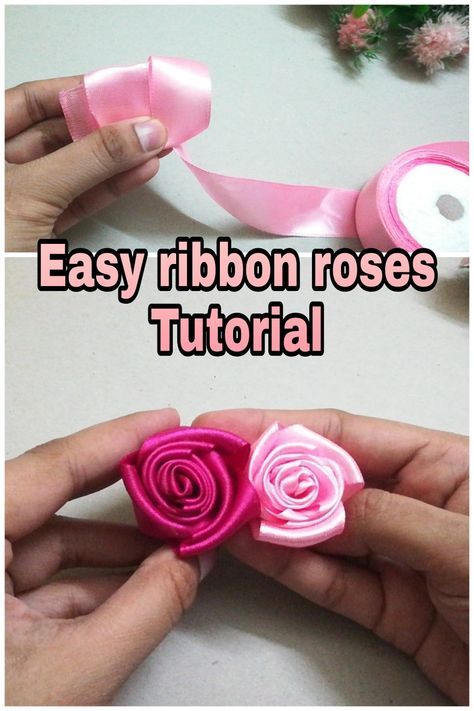 Small Ribbon Roses Diy, Flower Ribbon Tutorial, Ribbon Rose Tutorial, Satin Ribbon Roses Diy, Ribbon Roses Diy Easy, How To Make Satin Roses, How To Make Roses Out Of Ribbon, How To Make A Rose Out Of Ribbon, How To Make Ribbon Roses