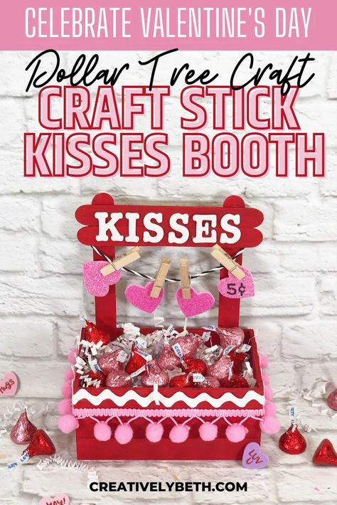 Valentine Kisses Booth Dollar Tree Crafts Creatively Beth #creativelybeth #dollartree #crafts #diy #kissesbooth #kissingbooth #craftstick #popsiclestick #valentine #valentinesday #hersheykisses #kidscraft Dollar Tree Kissing Booth Craft, Dollar Tree Foam Heart Crafts, Valentines Kissing Booth, Baby Kissing Booth Valentines Day, Kissing Booth Dog Valentines Day, Valentine’s Day Dollar Tree, Valentine Day Kiss, Scout Crafts, Decorative Crafts