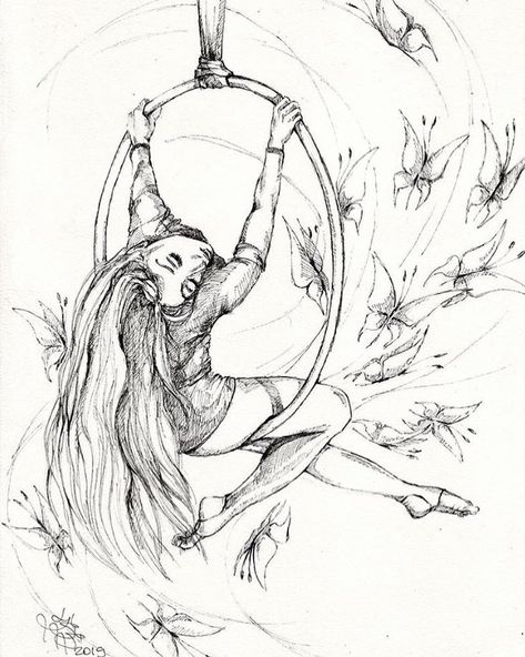 Aerial Hoop Tattoo, Aerial Hoop Drawing, Aerial Drawing, Aerial Photoshoot, Lyra Hoop, Owl Tattoo Small, Circus Tattoo, Dance Tattoo, Movement Drawing