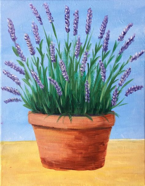 Flowers In A Pot Painting On Canvas, Lavender Paintings Acrylic, Easy Spring Acrylic Paintings, Bathroom Painting Ideas Canvas, Lavender Painting, Painting Lavender, Potted Lavender, Acrylic Painting Diy, Picture Painting