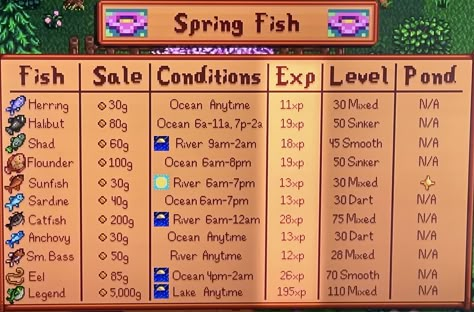 Fish Stardew Valley, Spring Fish Stardew Valley, Stardew Valley Money Tips, Stardew Legendary Fish, Stardew Valley Spring Fish, Stardew Valley Winter Fish, Stardew Valley Fish By Season, Fishing Stardew Valley, Fishing Guide Stardew