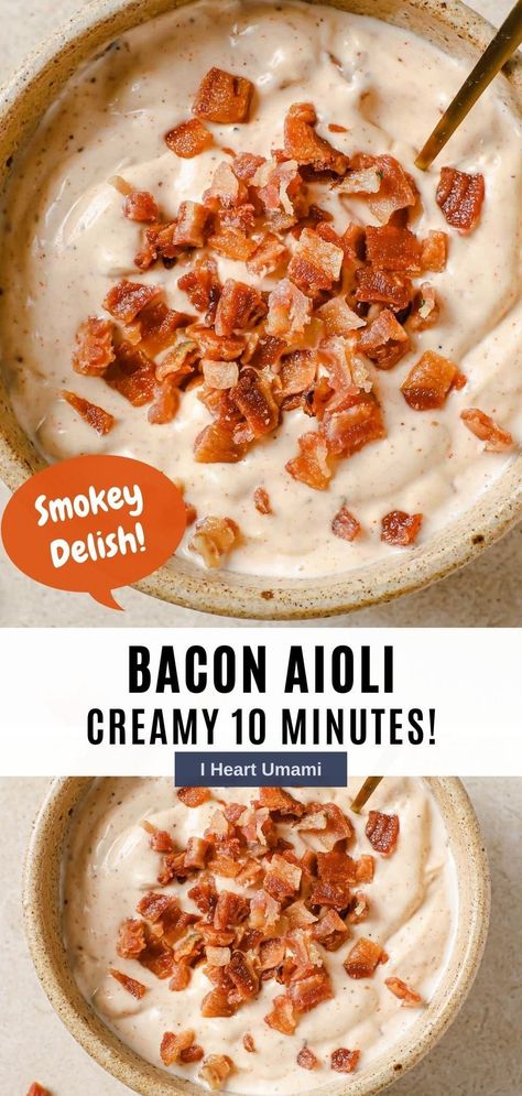 This Bacon aioli is incredibly creamy and ready in minutes! With crispy bacon in every bite, this garlicky spread is great for burgers, fries, and more! #sauce #aioli #spread #keto #whole30 #dairyfree #burgersauce #bacon Bacon Aioli Recipe, Bacon Aioli, Paleo Sauce, Umami Recipes, Whole30 Salad, Aioli Sauce, Keto Healthy, Keto Sauces, Delicious Paleo Recipes