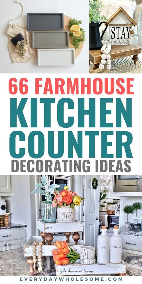 New for 2021! Fresh Modern Farmhouse Kitchen Counter Decor Ideas for your kitchen countertop decor, counter organization, island decor, kitchen decorating ideas. Modern Farmhouse Kitchen Home Decor Ideas. Kitchen remodel, redecorating, decor, rustic kitchen ideas & inspiration. Small kitchen organization, kitchen cabinet organzation, kitchen counter storage & organization ideas. #kitchencounterdecor #kitchendecor #farmhousekitchen #modernfarmhousekitchen #kitchenisland #kitchencounters #kitchen Farmhouse Kitchen Counter Decor Ideas, Farmhouse Kitchen Counter Decor, How To Decorate Kitchen Counters, Kitchen Counter Decor Ideas, Kitchen Countertop Decor Ideas, Interior Design Country, Countertop Decor Ideas, Counter Decor Ideas, Kitchen Decoration Ideas