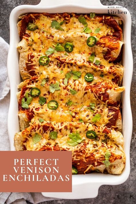 We could eat Mexican food all the time and enchiladas are an all time favorite. That's why I love these Venison Enchiladas. They are cheesy, flavorful, and a great way to use ground deer meat. (This recipe also works well for elk, bear, antelope, and moose!) What puts this recipe over the edge is the homemade enchilada sauce. It bakes up so golden, delicious and bubbly. Just top it with a serious dollop of sour cream and some cilantro. #venison #venisonrecipes #deermeat #wildgame #gamecooking Ground Axis Meat Recipes, Deer Meat Enchiladas, Venison Mexican Recipes, Dinner Recipes With Deer Meat, Recipes For Deer Burger, Venison Enchilada Recipe, Ground Bear Meat Recipes, Best Deer Meat Recipes, Deer Meat Dinner Ideas