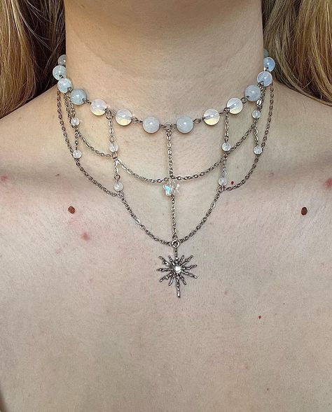 ‘Starlight’ Choker ⭐️ made with opalite beads, aquamarine beads, a glass star bead, stainless steel chain and findings 16in + 2in extension chain available now, link in bio ⭐️ #handmadejewelry #explorepage #necklace #choker Necklace Ideas Handmade, Diy Jewelry Projects, Glass Stars, Witchy Jewelry, Handmade Jewelry Tutorials, Aquamarine Beads, How To Make Necklaces, Necklace Choker, Jewelry Projects